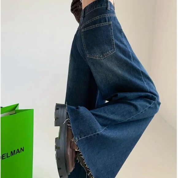 NEW Super Wide Leg Dark Blue Denim Jeans Elephant Legs Baggy Trendy Giant Flare - Picture 1 of 8
